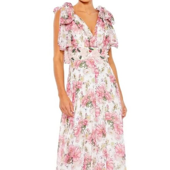 Mac Duggal White Multi Ruffle Floral Print Embroidered Chiffon Gown - Picture 1 of 7